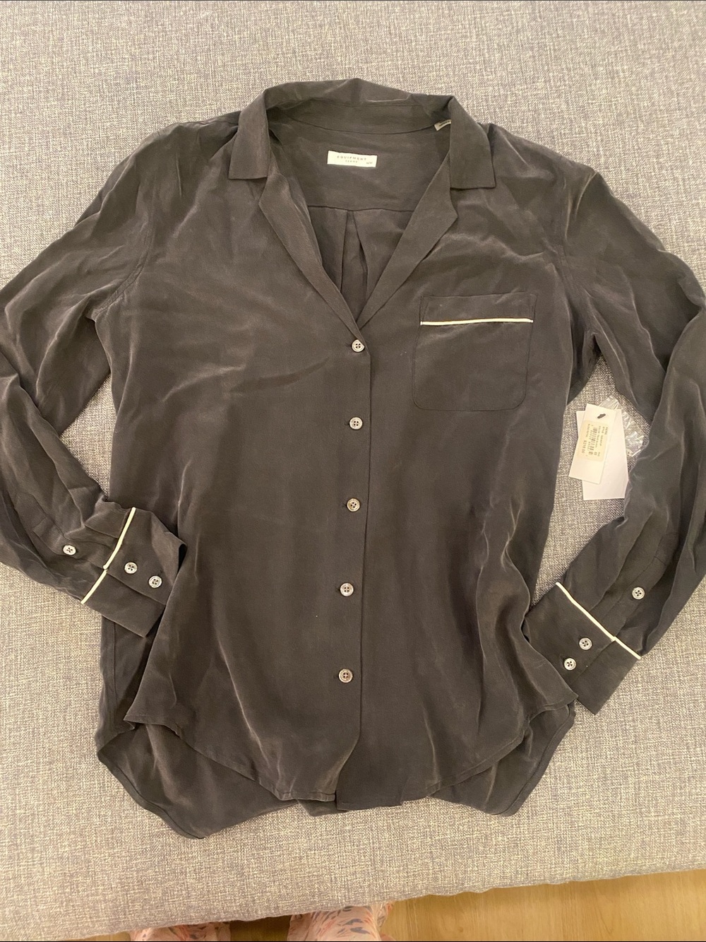 Equipment Charcoal Silk Button-Down Blouse with Cream Trim